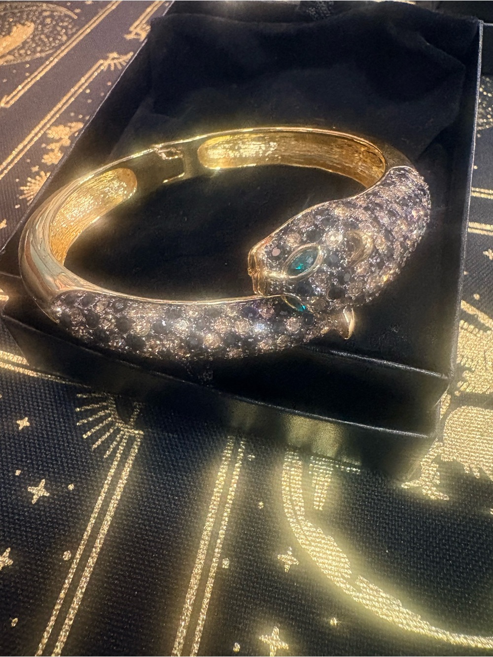 Gold Serpent Cuff Bracelet with Sapphire Colored Pavé Crystals and Emerald Eyes
